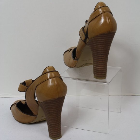 Tan and Brown Heeled T Strap Mary Jane - Picture 3 of 6